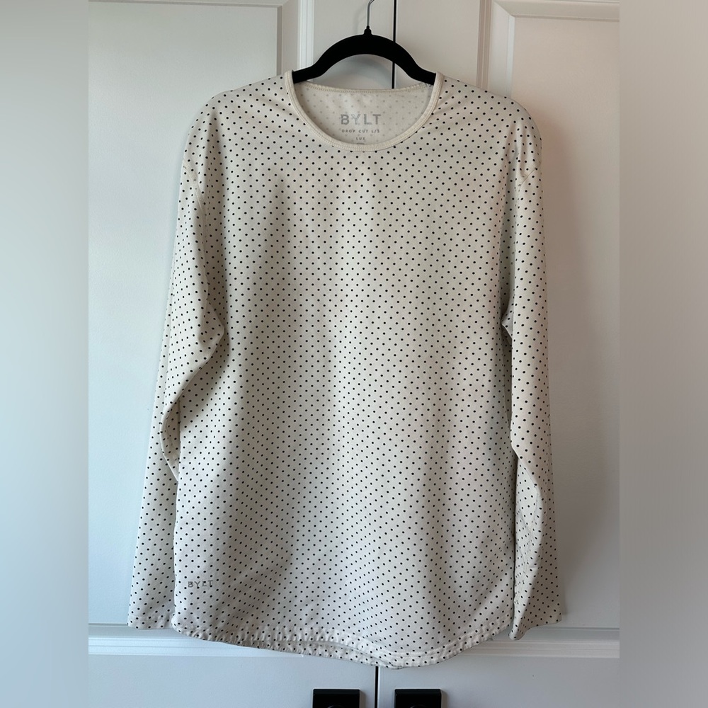 BYLT Men’s Drop Cut Long Sleeve Lux Shirt Ivory Black Polka Dot Size Large